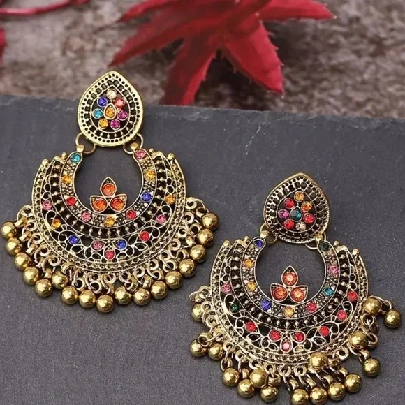 Elegant Bollywood Gold and Multicolor Chandelier Earrings - Picture 2 of 2